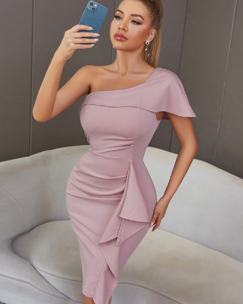Ruffles Dress Summer Sexy One Shoulder Evening Fashion Celebrity