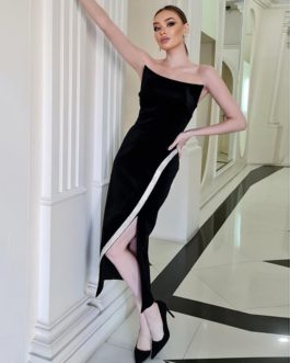 Elegant Black Velvet Strapless Slim Slit Midi Dress