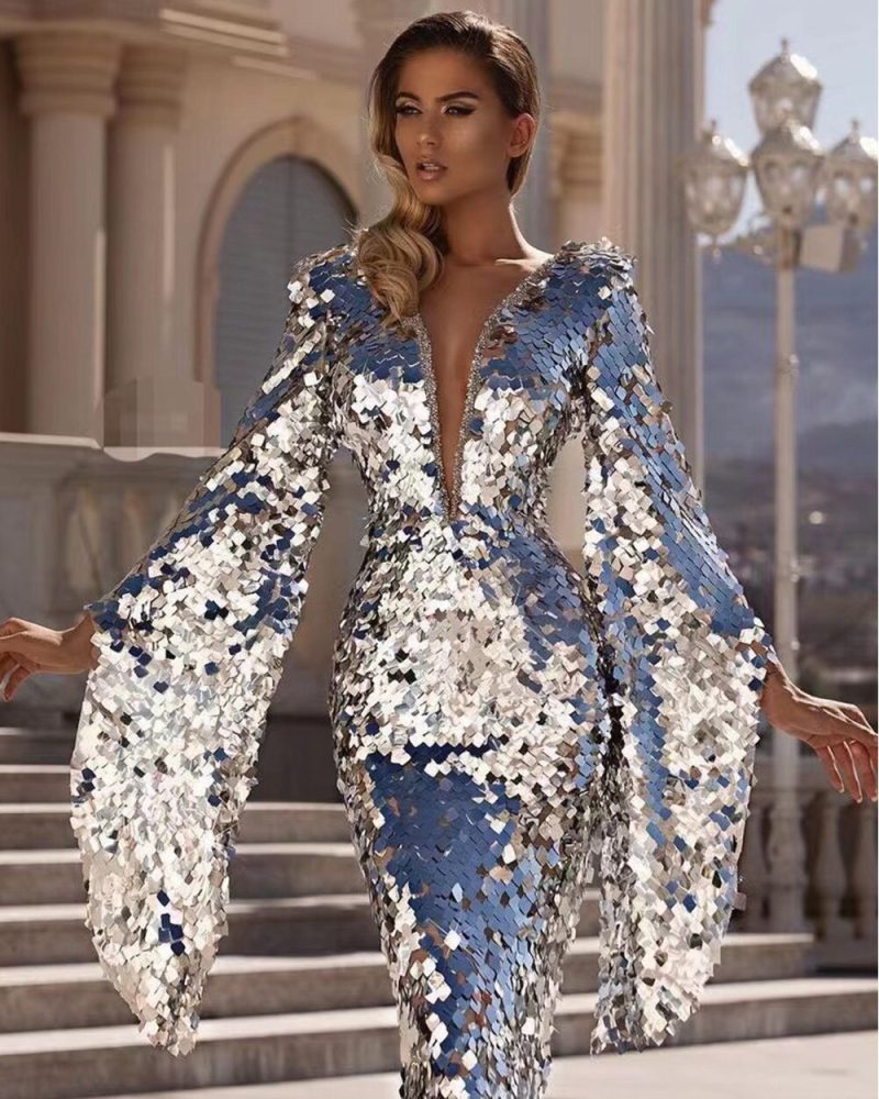 Elegant Luxury V Neck Long Sleeve Sequin Slim Fit Dress