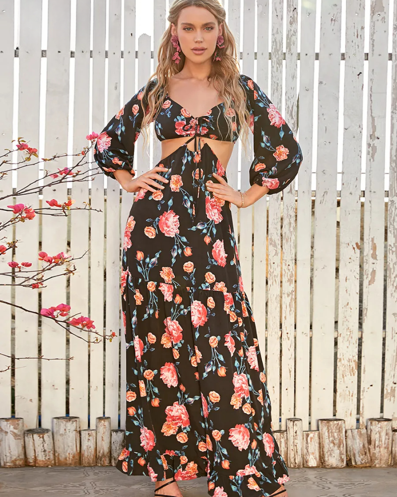 Floral Print Cut Out Ruffle Hem Maxi Dress