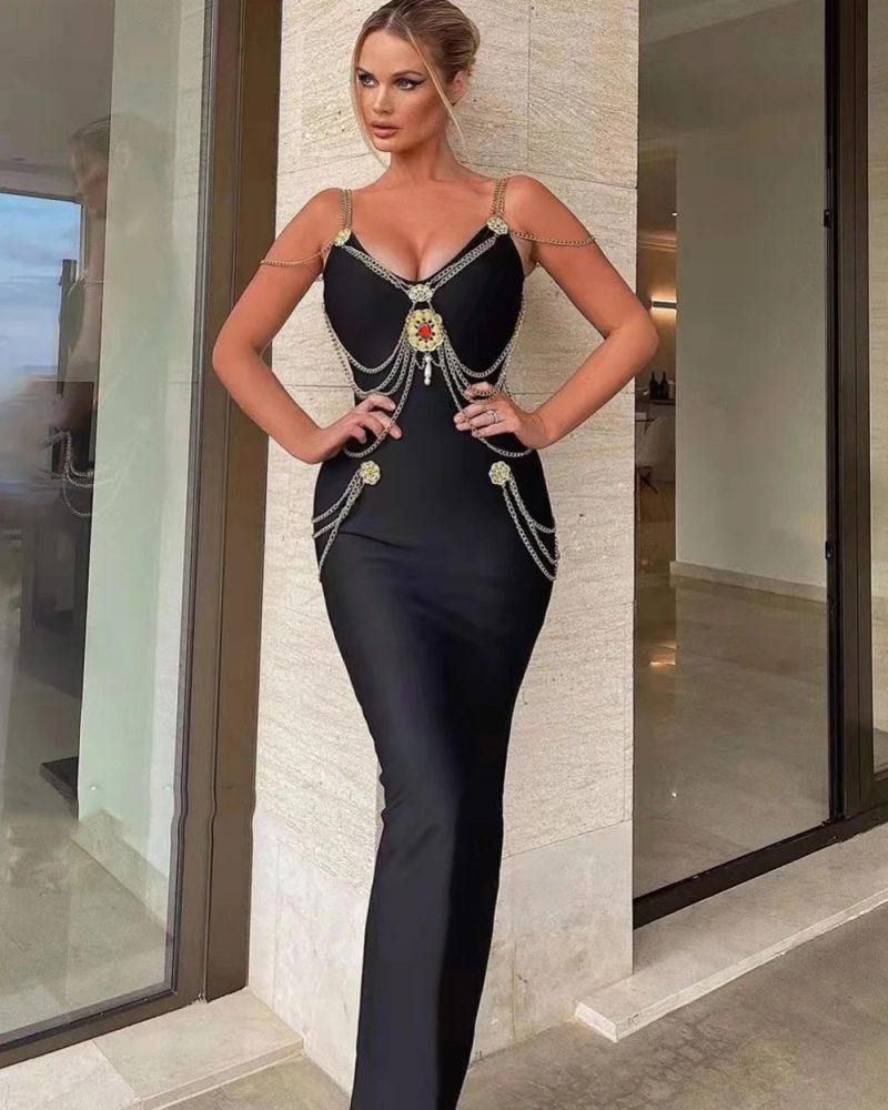 Black Chain V-Neck Split Bodycon Dress