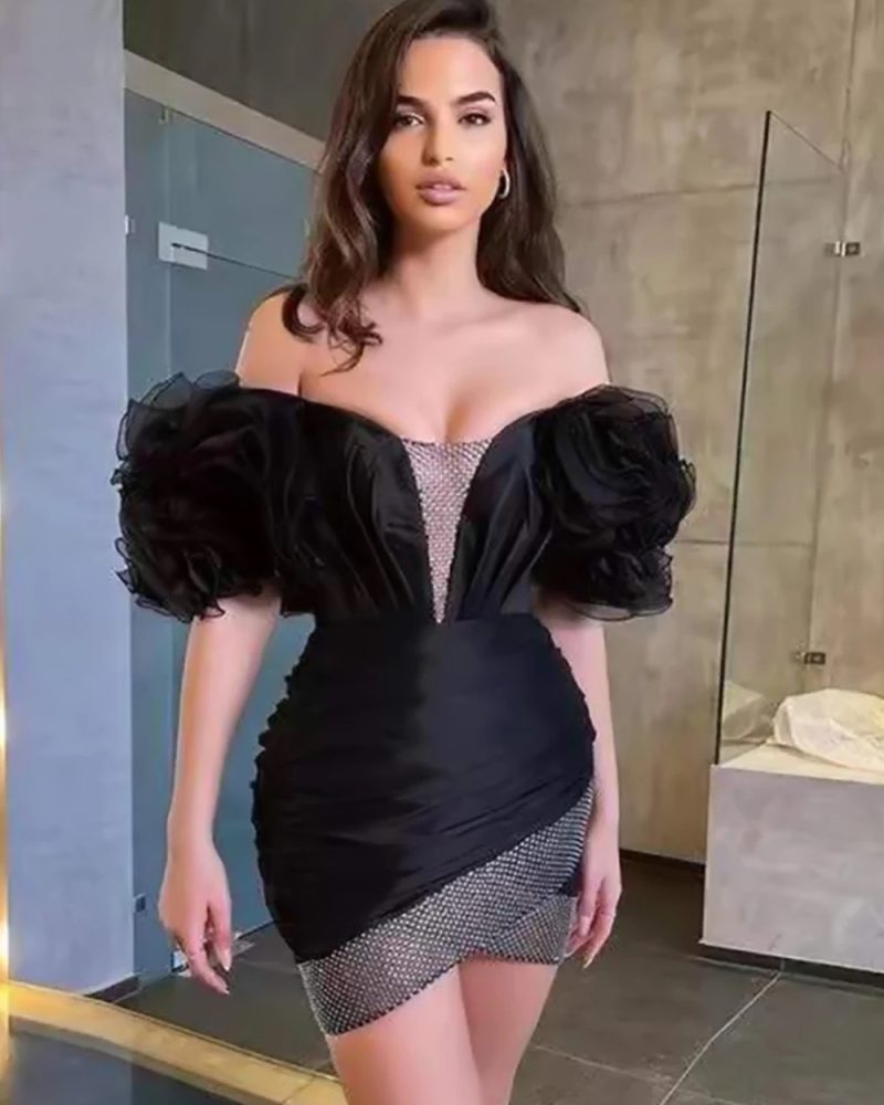 Off Shoulder Ruffles Mesh Mini Bodycon Dress