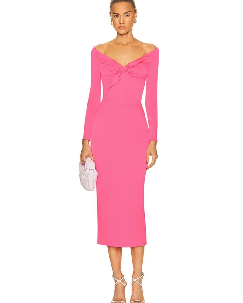 V-neck Bow Long Sleeve Bodycon Midi Dress