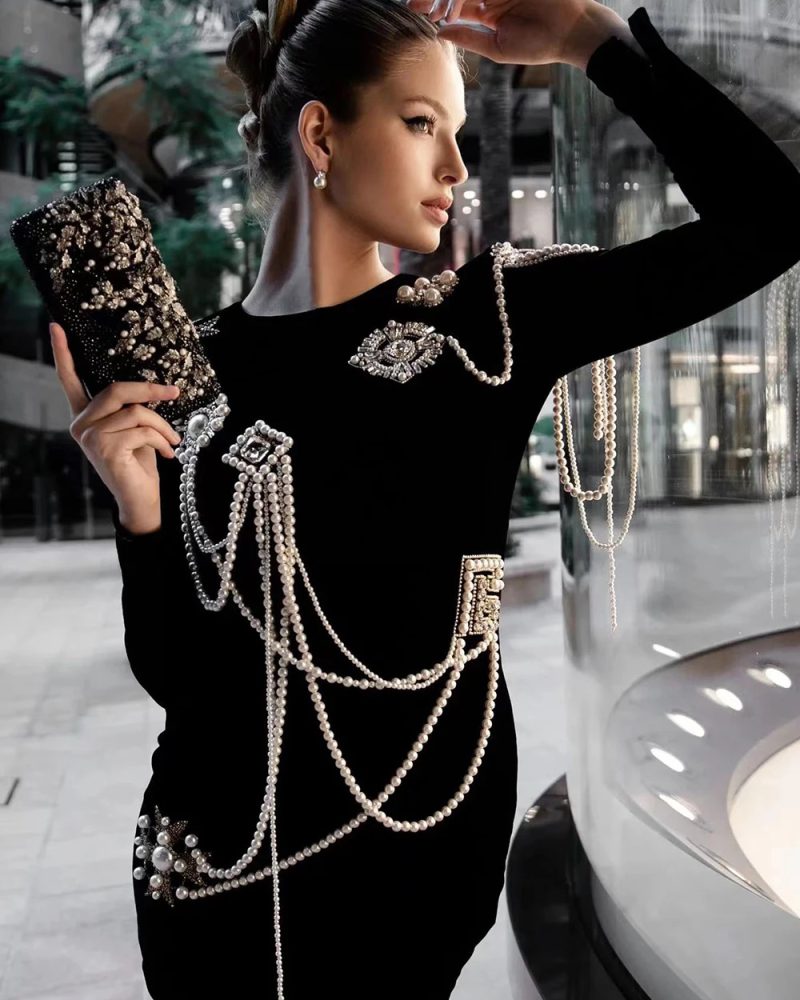 Long Sleeve Beading Tassels Mini Dress