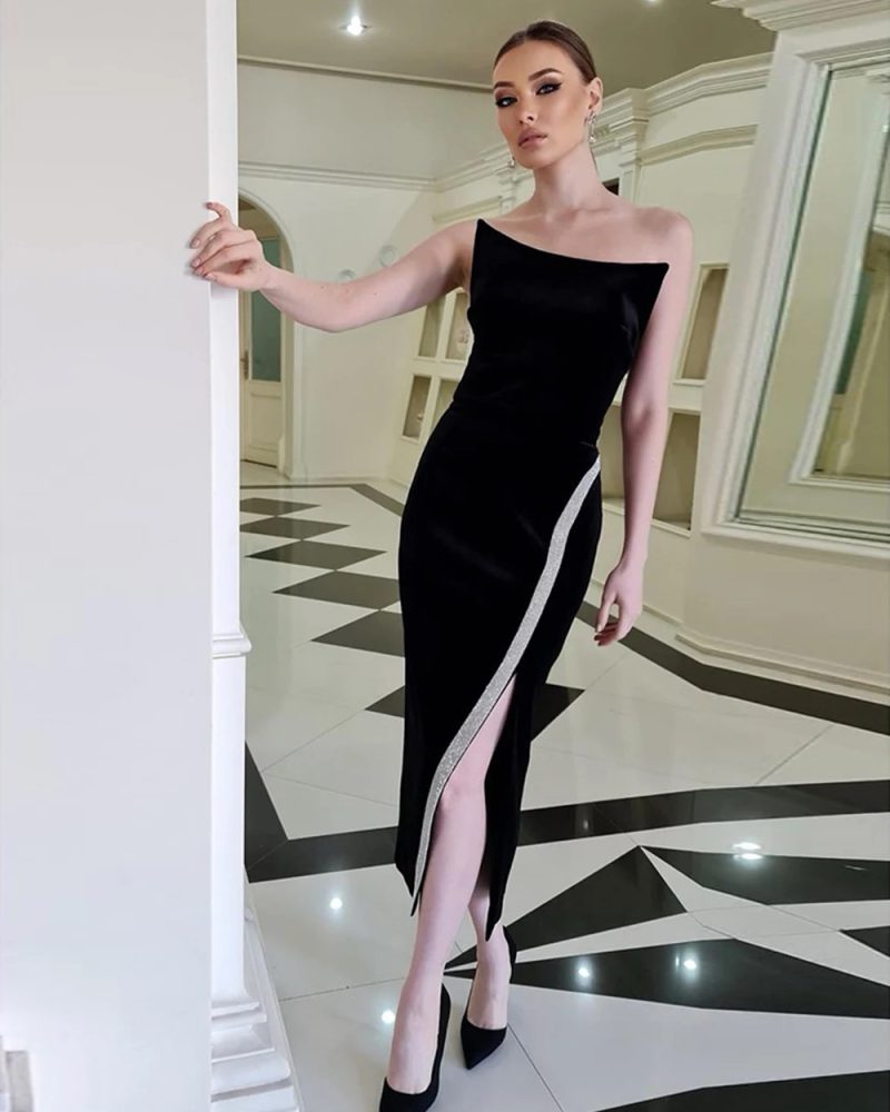 Strapless Slim Slit Midi Dress