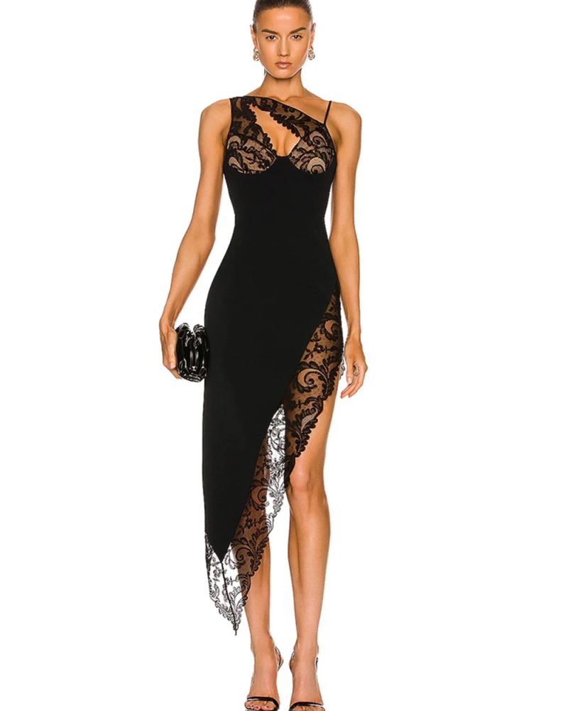 One Shoulder Split Lace Bodycon Dress