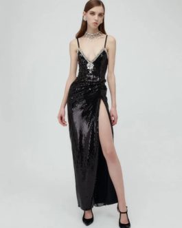 V-neck Beaded Sequins Shiny Long Dress