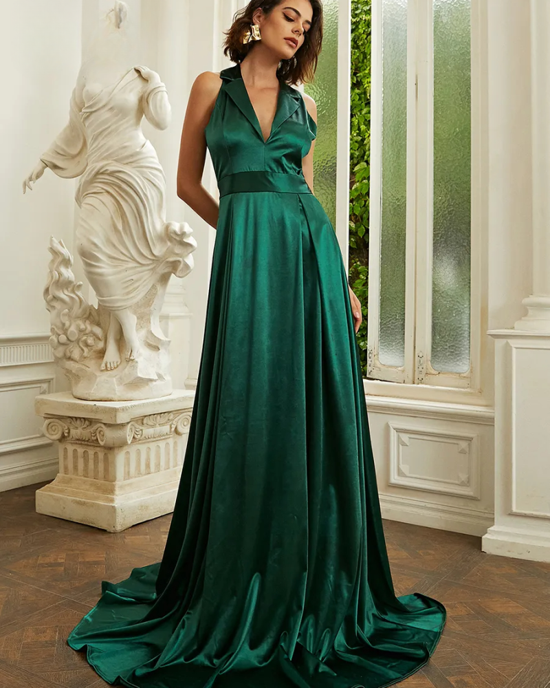 Lapel Collar Sleeveless Satin Long Dress