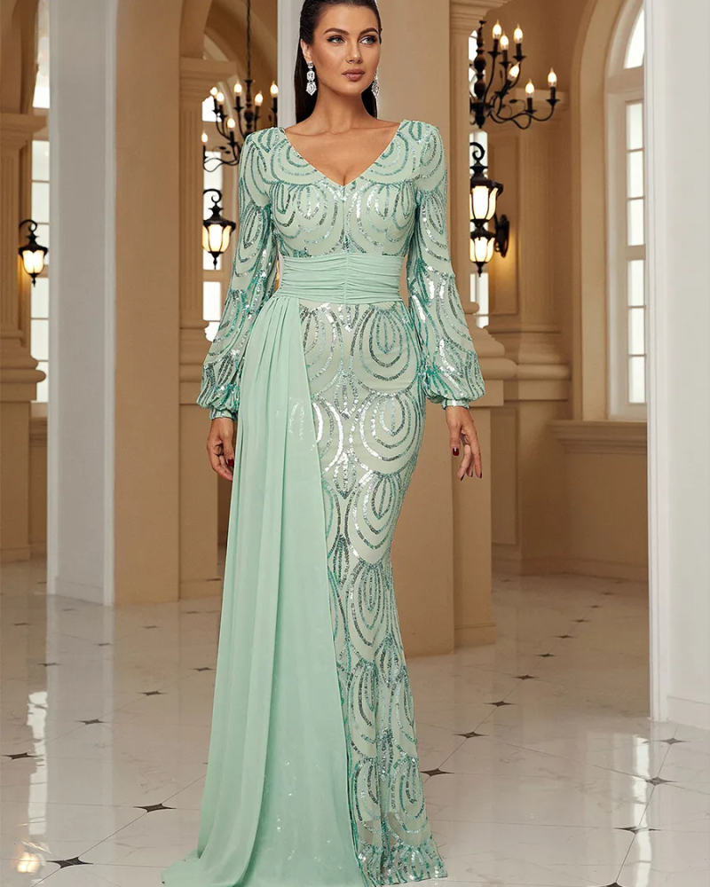 Light Green V-neck Long Sleeves Dress