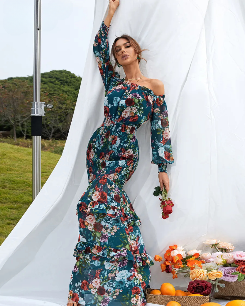 Off Shoulder Bishop Sleeve Shirred Ruffle Dress