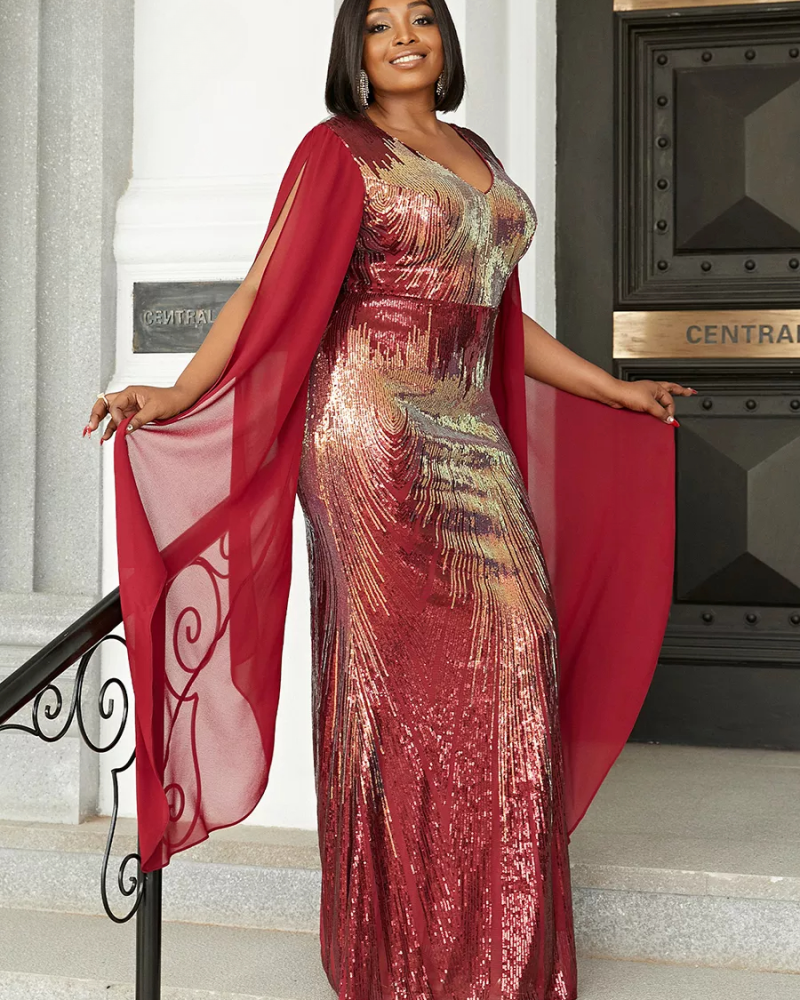 Plus Size Plunging Neck Cloak Sleeve Dress