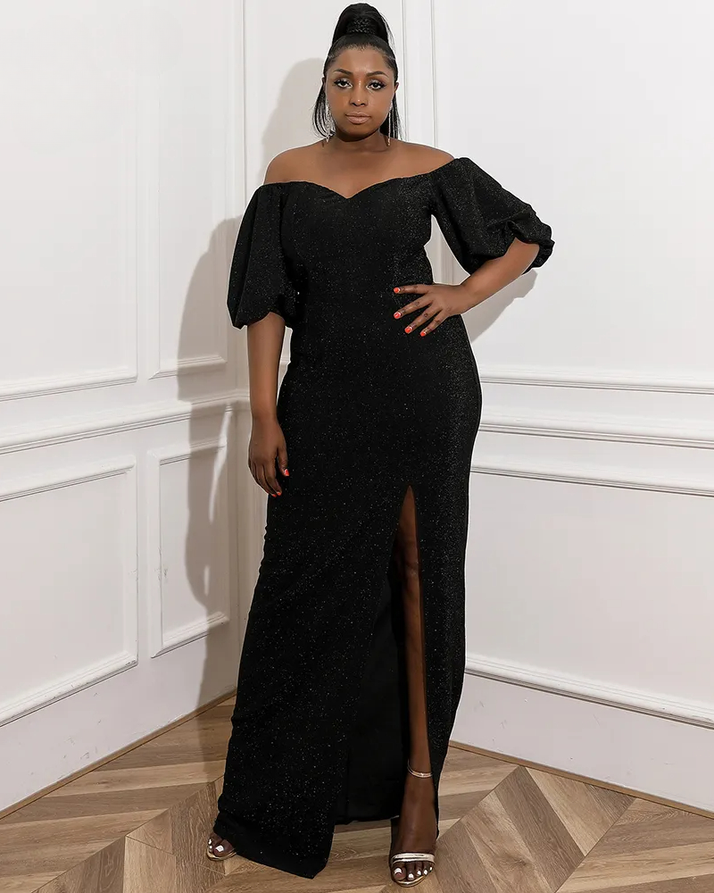 Plus Size Sexy Off Shoulder Puff Sleeve Side Split Maxi Dress