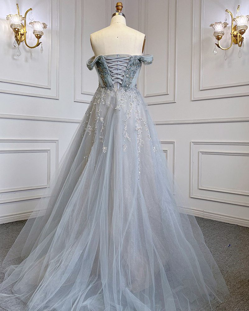 Grey Blue A-Line Sexy Luxury Beaded Evening Dresses