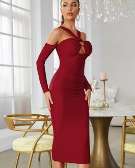 Strapless Long Sleeve Hollow Out Bodycon Midi Dresses