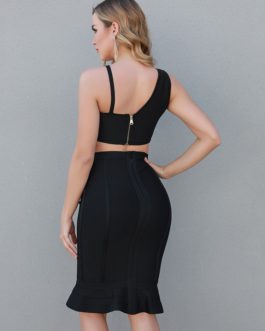 Sexy Bandage Cut Out Sexy Spaghetti Crop Tops and Skirts Set