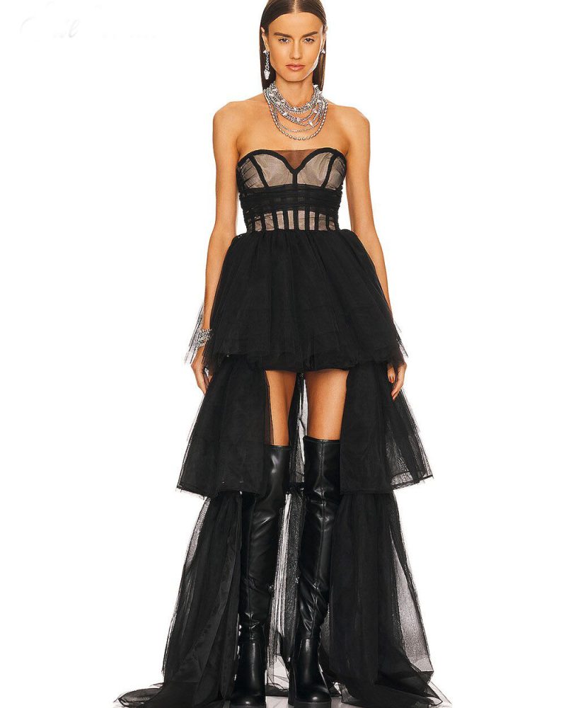 Sexy Strapless High Low Tulle Cascading Ruffles Long Dress
