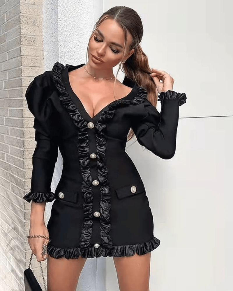 V-neck Ruffled Long Sleeve Bodycon Dress