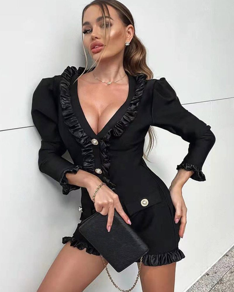 Sexy Black V-neck Ruffled Long Sleeve Bandage Dress