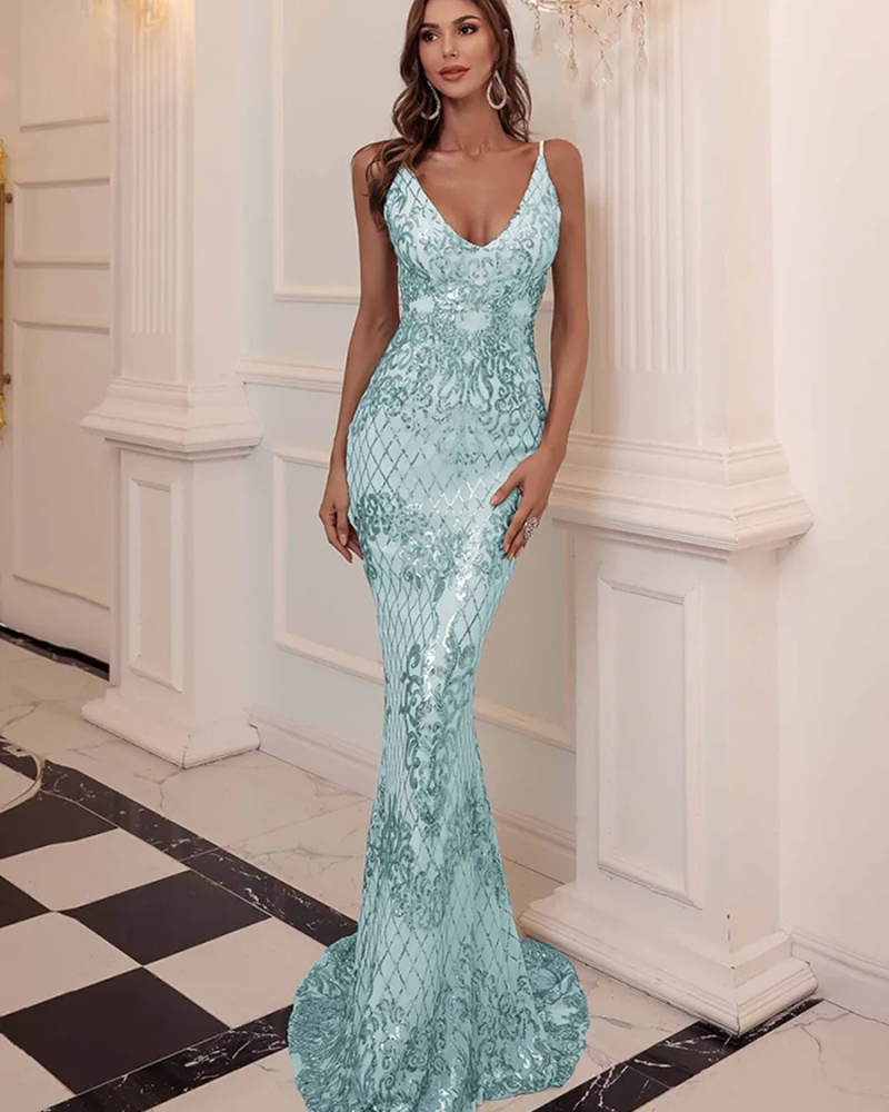 V Neck Backless Sequin Long Dress