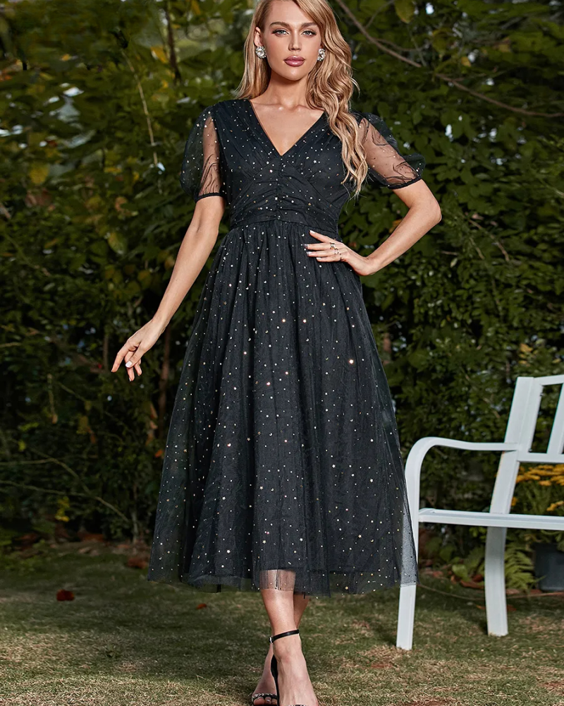 V Neck Holiday Dobby Mesh Midi Dress