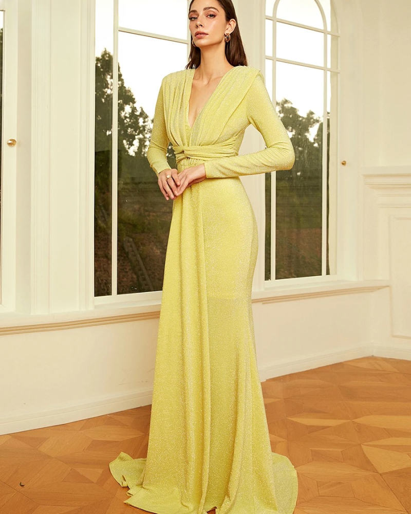V-neck Draped Long Sleeve Slim Mermaid Dress