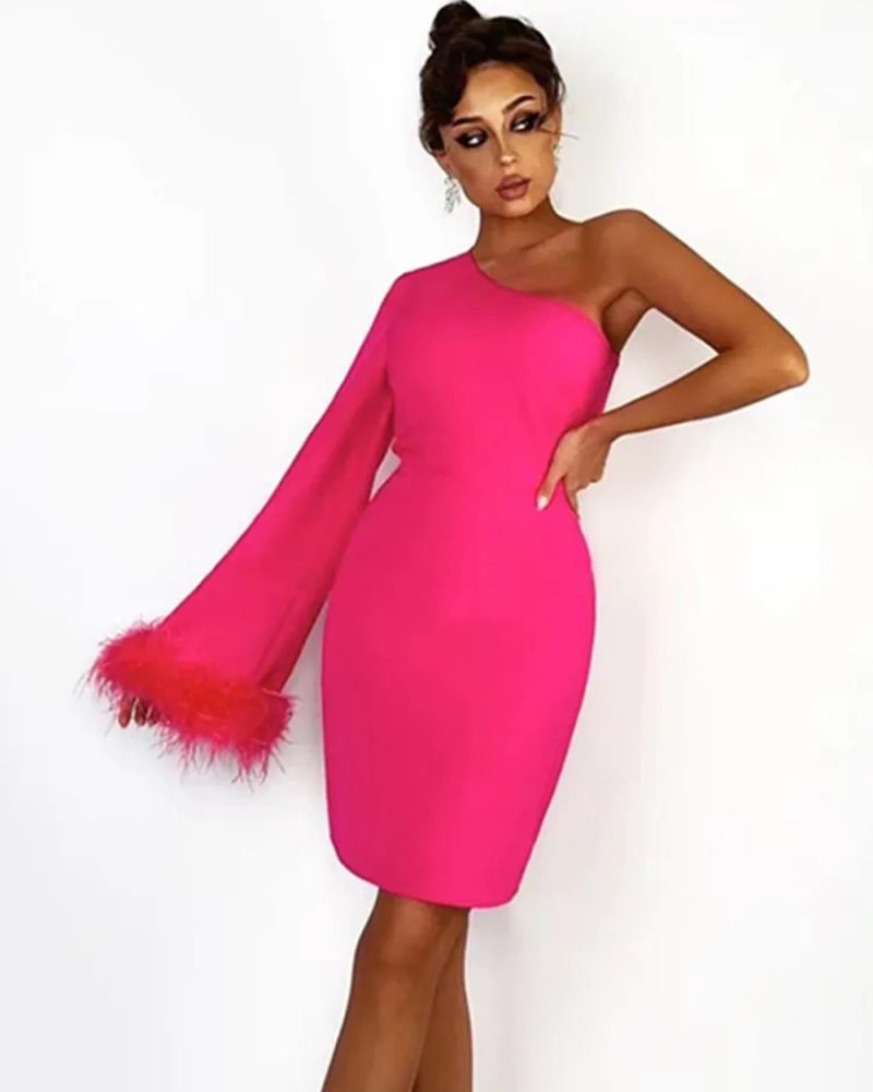 One Shoulder Hot Pink Feather Mini Ladies Bodycon Dress