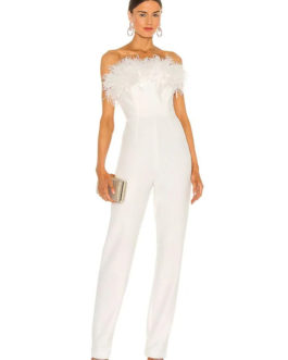 White Feathers Strapless Jumpsuits