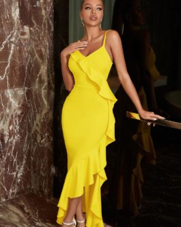Ruffles Spaghetti Strap Fashion Dress Summer V Neck Yellow Sleeveless