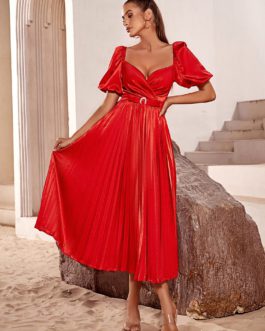 Red Dress Sexy Summer Puff Short Sleeve V Neck Celebrity Evening Elegant