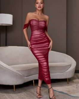 Off Shoulder Fashion Bodycon Dress Sexy Wine Red Mesh Elegant