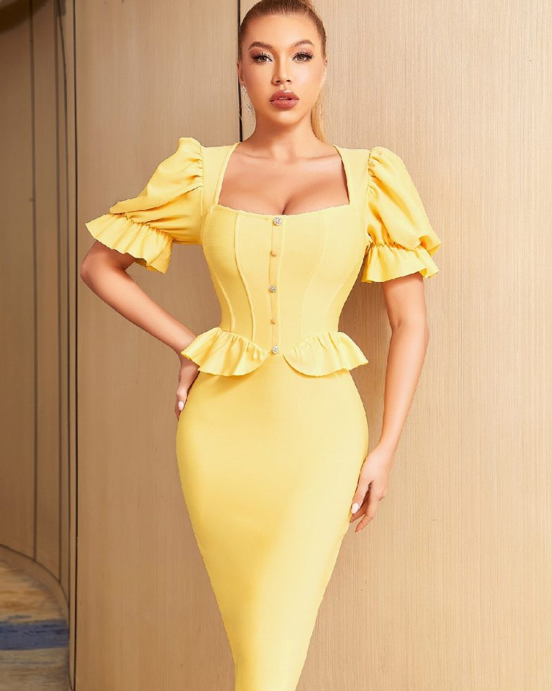 Bandage Sexy Short Puff Sleeve Elegant Ruffles Evening Club Bodycon Dress