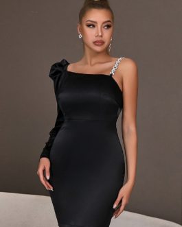 One Shoulder Mini Black Dress Elegant Long Sleeve Diamonds