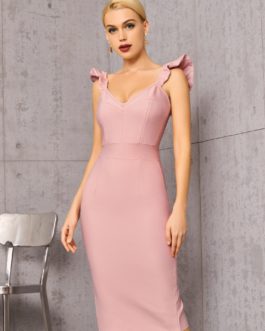 V Neck Pink Bodycon Bandage Dress Sexy Ruffles Sleeveless