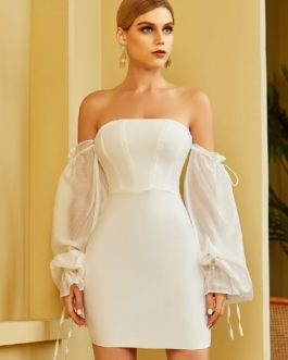 White Off Shoulder Bandage Dress Sexy Long Sleeve Lace