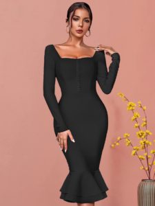 Apricot Bodycon Bandage Dress Sexy Mermaid Long Sleeve - Power Day Sale