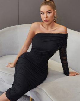 Black Mesh Women Dress Sexy One Shoulder Long Sleeve