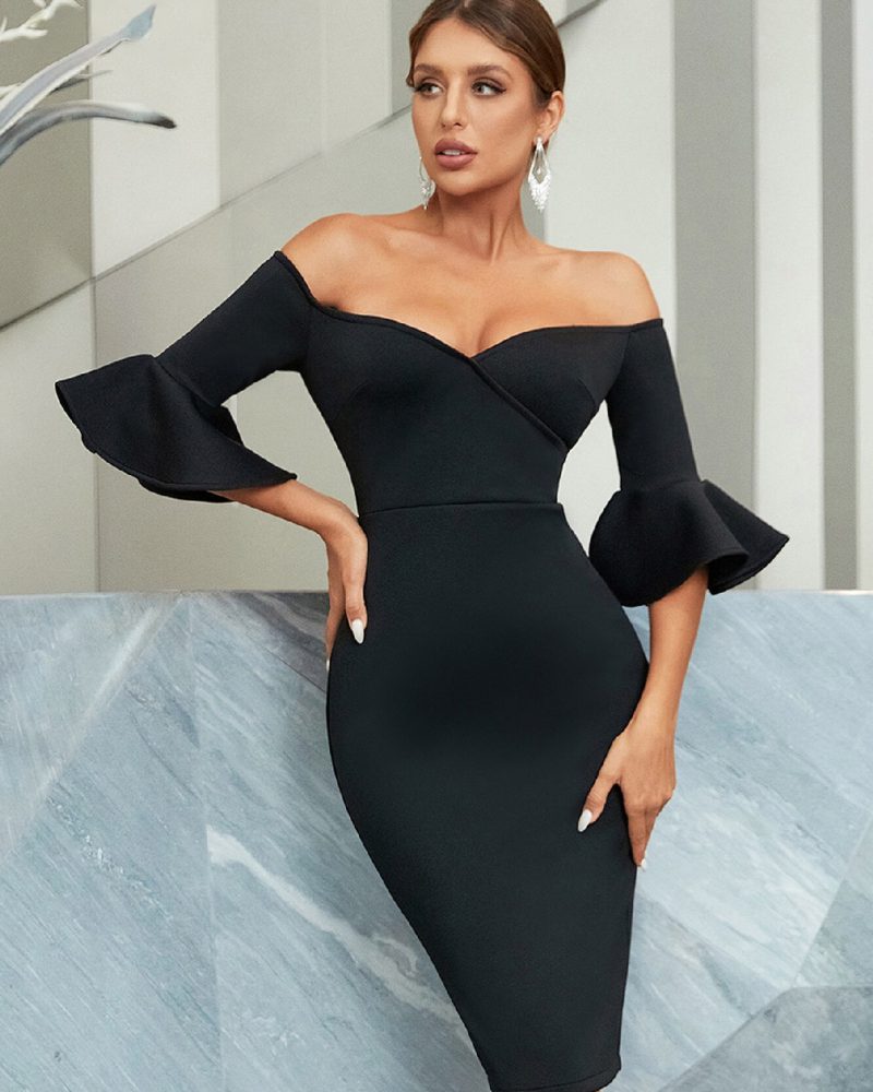 Off Shoulder Black Bodycon Bandage Dress For Women Fashion Half Petal Sleeve