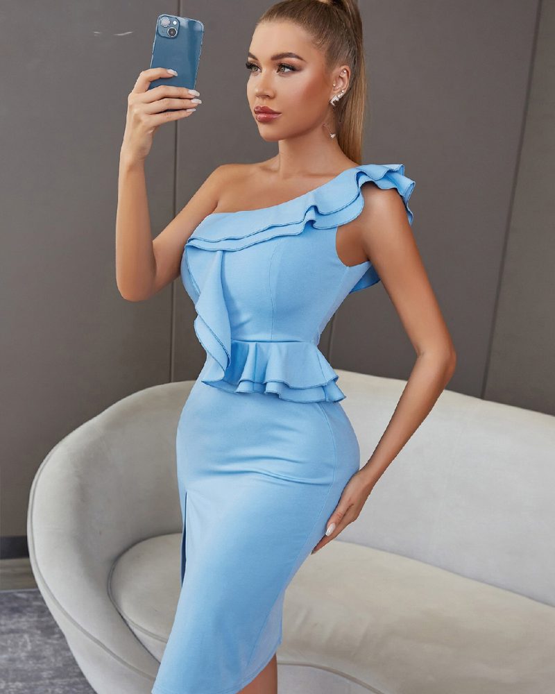 Sky Blue Ruffles Fashion Dress Sexy One Shoulder Sleeveless