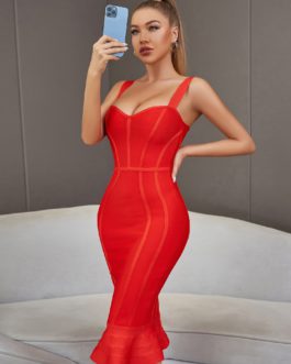 Bandage Dress Spaghetti Strap Red Dress Bodycon Celebrity Sexy Mermaid Sleeveless