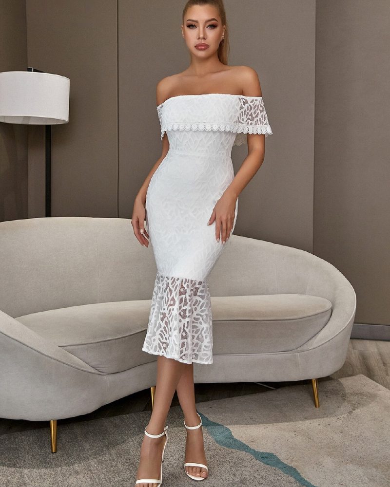 White Lace Midi Mermaid Bandage Dress Summer Off Shoulder