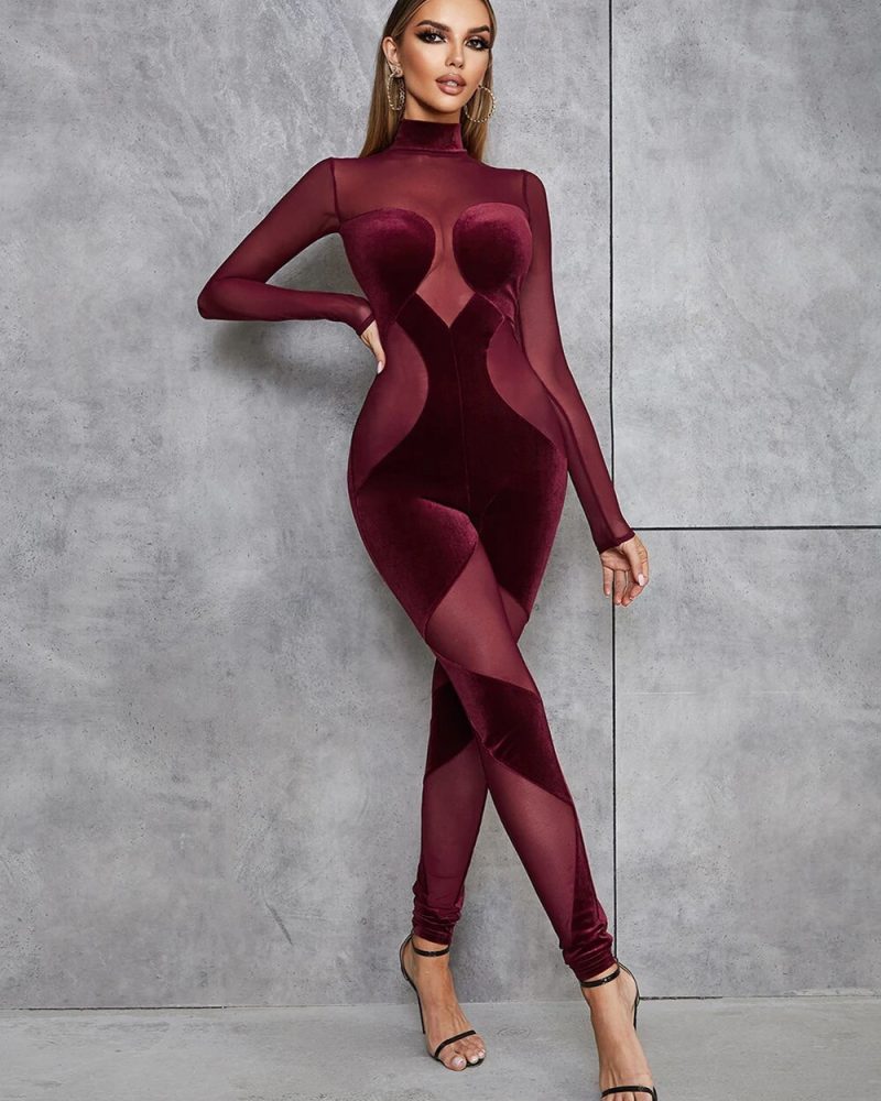 Long Sleeve Perspective Mesh Jumpsuit