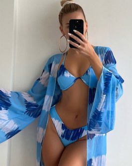 3 Piece Bikini Sets New Underwire Push Up Swimwear with Cover-Up Tie Dye Striped