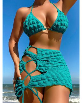 Blue Green Bubble cloth Three Pieces Bikini Set with Skirt Halter Swimsuit