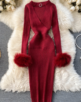 Knitted Hollow Out V-neck Bodycon Dresses