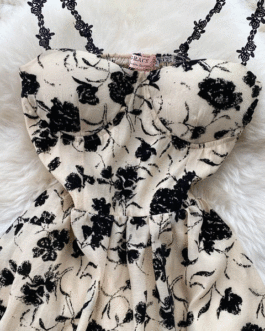 Flower Print Elegant Lace Straps Mini Dress