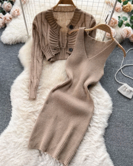 Knitted Strap Dress and Full Sleeve Cardigan Set