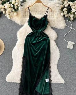 Elegant Lace Patchwork Strap Velvet Long Dress