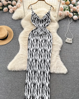 Zebra Print Swing Collar Spaghetti Strap Dress