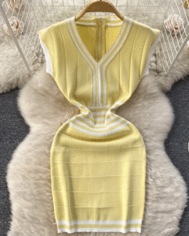 Fashion Lady Knitting V-neck Party Dress