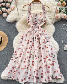 Summer Floral Print Halter Sleeveless Dress